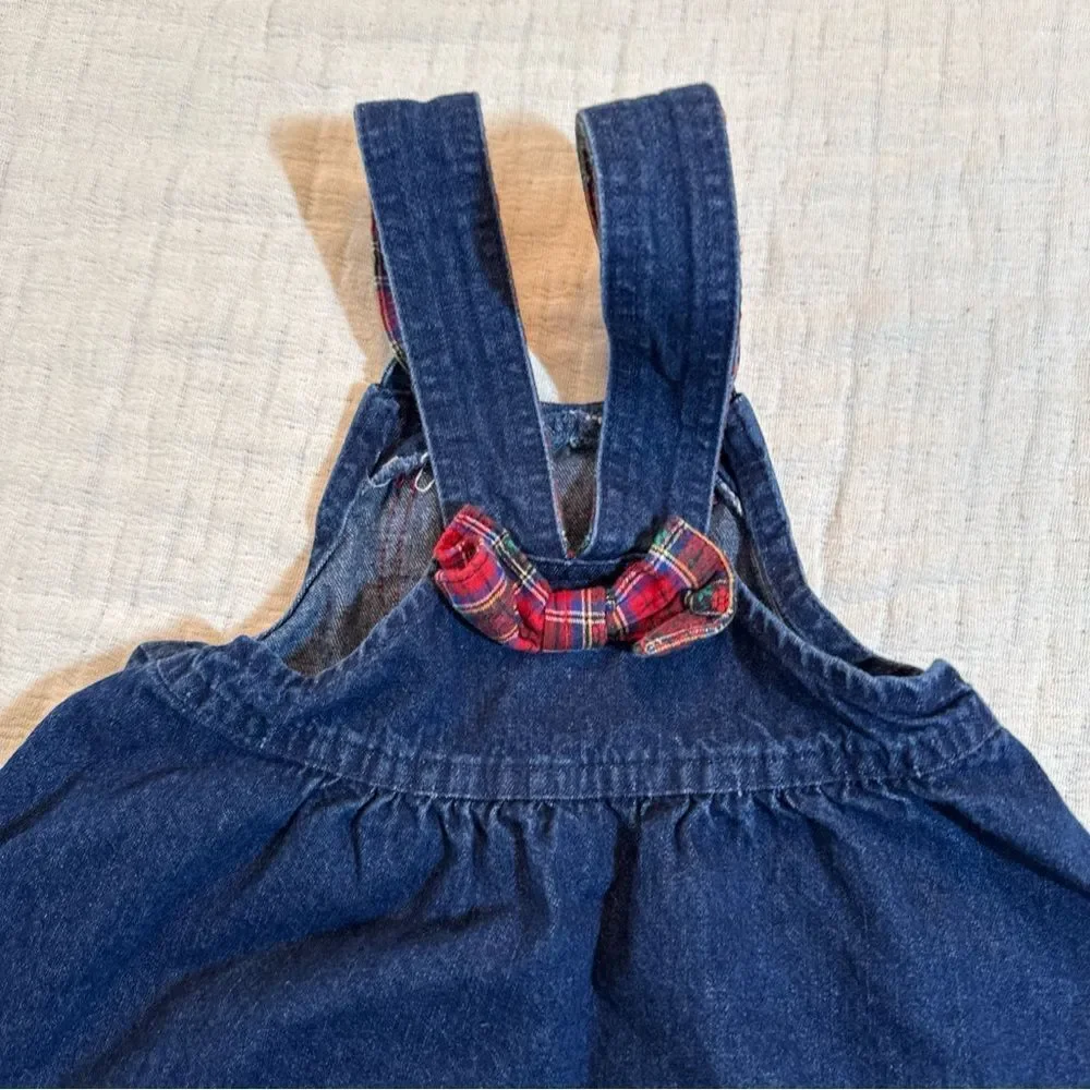 Vintage OshKosh B’Gosh Girl’s Blue Denim Dress Red Check Bow Sz 3T USA